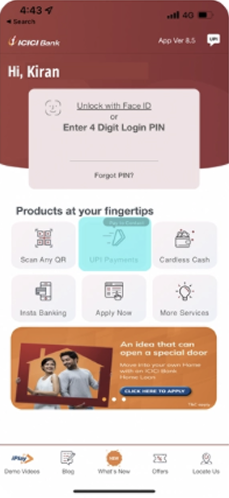 ICICI Bank iMobile Pay UPI home screen