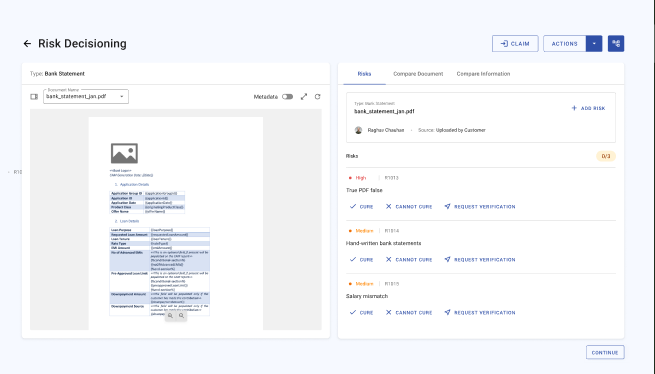 Risk Decisioning as its own dedicated page with document viewer and risks panel