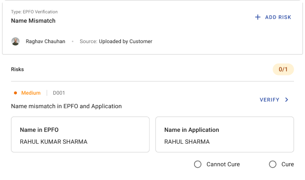 Name Mismatch risk from EPFO verification, comparing name in EPFO against the application