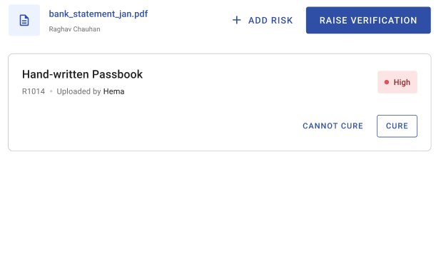 Hand-written Passbook flagged High, with Cannot Cure and Cure and a Raise Verification action