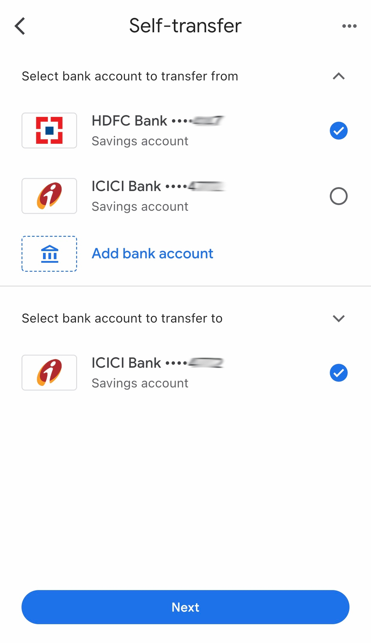 Self-transfer between bank accounts