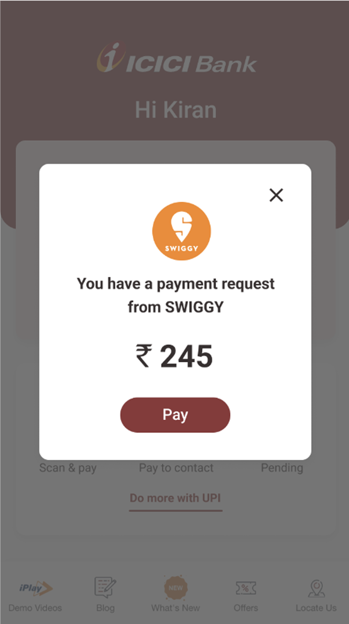 Swiggy payment request on ICICI app